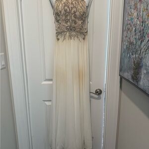 Jovani Cream and Silver Beaded Prom Dress